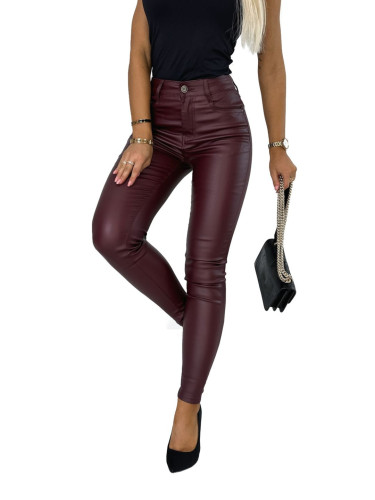Matowe SKÓRZANE Spodnie WOSKOWANE RURKI Skóra Bordowe